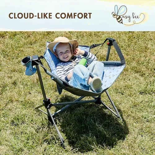 Busy Bee Folding Kids Stand, Child Camping Gear Hammock Swing Chair with Cup Holder & Carrying Bag for Outdoor, Lawn, Hiking, Indoor, Supports 125 LBS, Blue