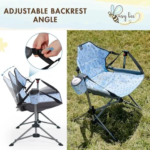 Busy Bee Folding Kids Stand, Child Camping Gear Hammock Swing Chair with Cup Holder & Carrying Bag for Outdoor, Lawn, Hiking, Indoor, Supports 125 LBS, Blue