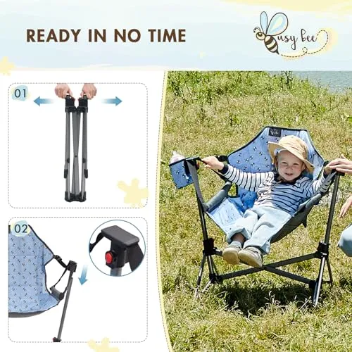 Busy Bee Folding Kids Stand, Child Camping Gear Hammock Swing Chair with Cup Holder & Carrying Bag for Outdoor, Lawn, Hiking, Indoor, Supports 125 LBS, Blue
