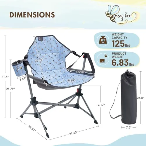 Busy Bee Folding Kids Stand, Child Camping Gear Hammock Swing Chair with Cup Holder & Carrying Bag for Outdoor, Lawn, Hiking, Indoor, Supports 125 LBS, Blue