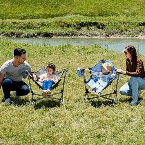 Busy Bee Folding Kids Stand, Child Camping Gear Hammock Swing Chair with Cup Holder & Carrying Bag for Outdoor, Lawn, Hiking, Indoor, Supports 125 LBS, Blue