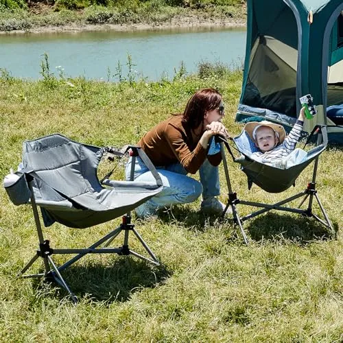 Busy Bee Folding Kids Stand, Child Camping Gear Hammock Swing Chair with Cup Holder & Carrying Bag for Outdoor, Lawn, Hiking, Indoor, Supports 125 LBS, Blue
