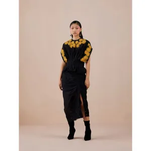 CHANDRIMA Black Sunflower Applique Pleated Top