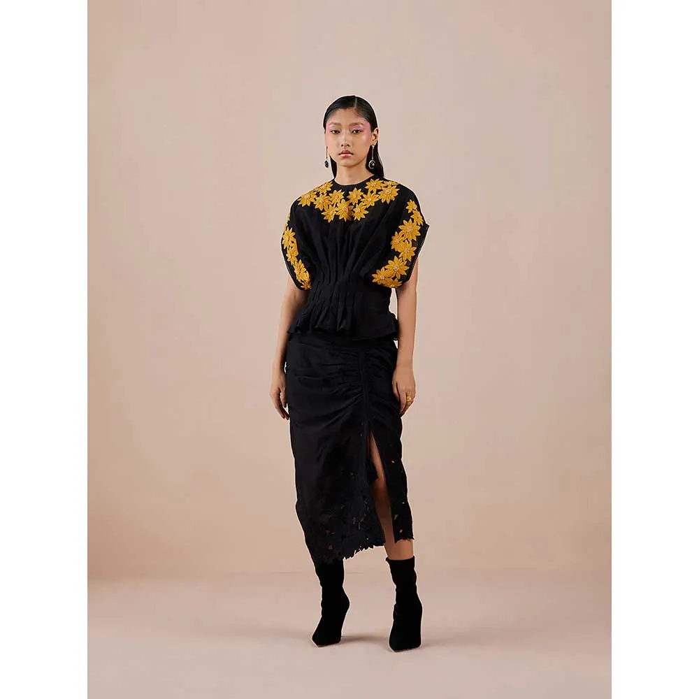 CHANDRIMA Black Sunflower Applique Pleated Top