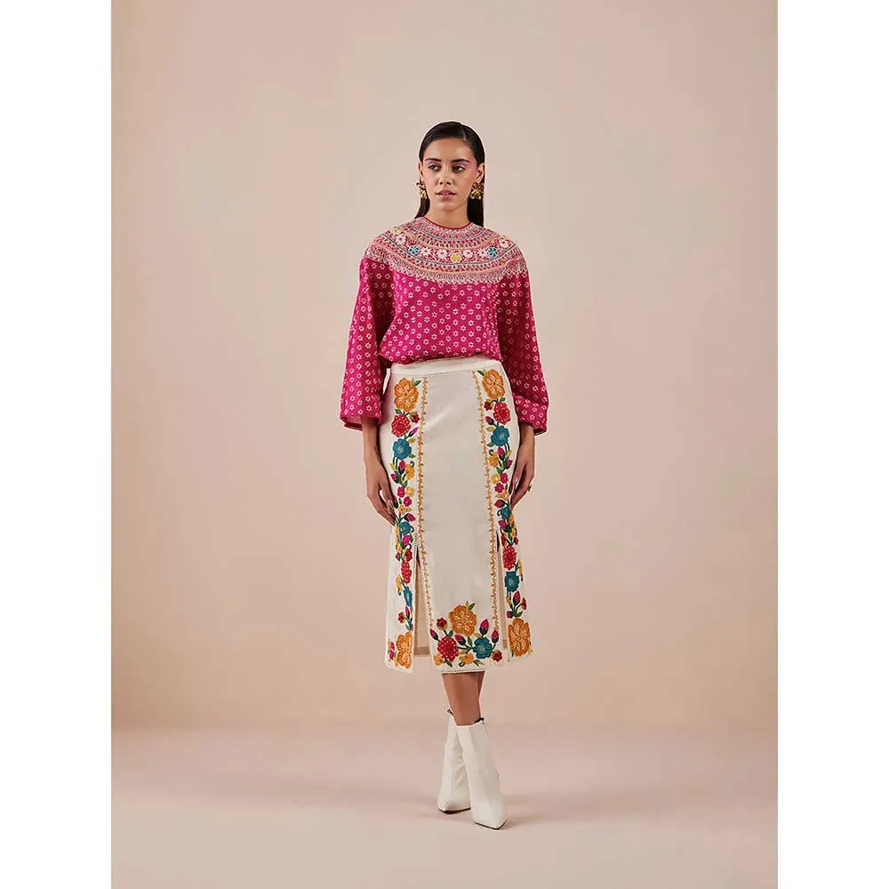 CHANDRIMA Fuchsia Yoke Detail Printed Top