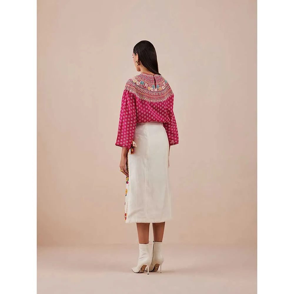 CHANDRIMA Fuchsia Yoke Detail Printed Top