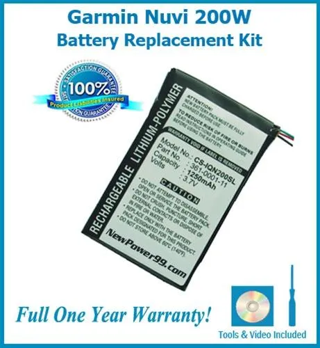 Garmin Nuvi 200w Battery Replacement Kit with Tools, Video Instructions and Extended Life Battery