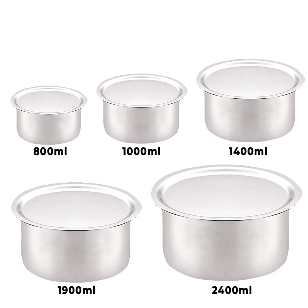 Kuber Industries Steel Tope/Patila/cookware with Lids, 800 ml, 1000 ml, 1400 ml, 1900 ml, 2400 ml, 5 Piece (Steel) (Pack Of 2)