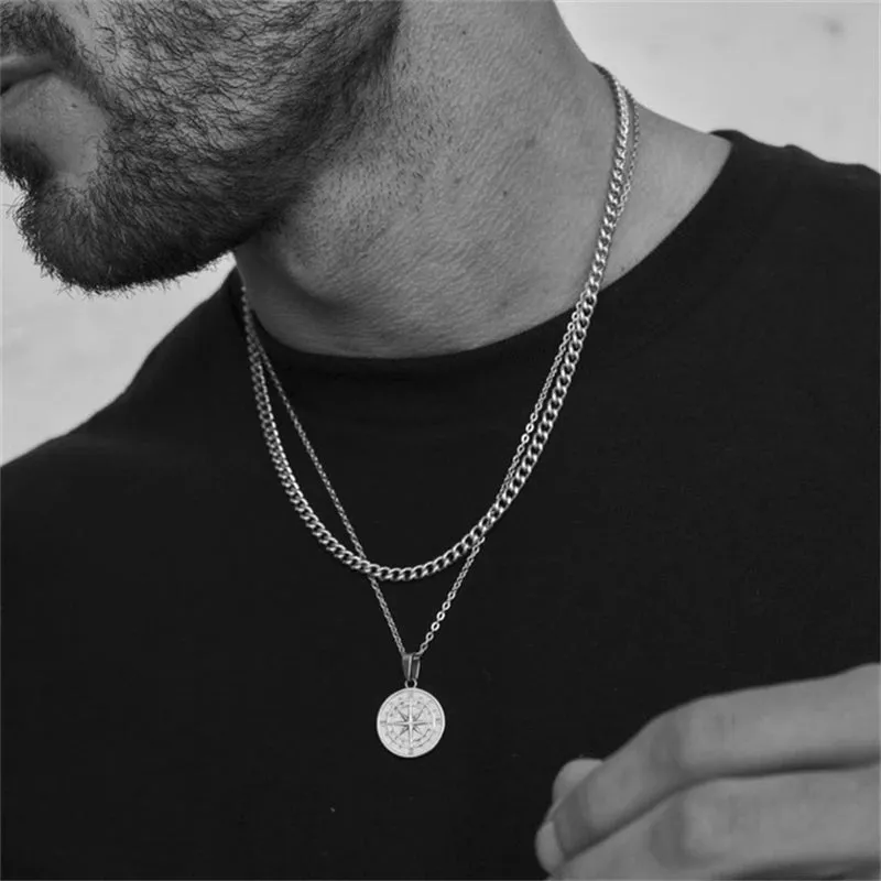 Men's Layered Alloy Necklace Navigation Travel Compass Pendant Cuba Figaro Wheat Chain Casual Vintage Necklace