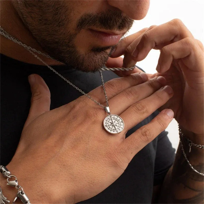 Men's Layered Alloy Necklace Navigation Travel Compass Pendant Cuba Figaro Wheat Chain Casual Vintage Necklace