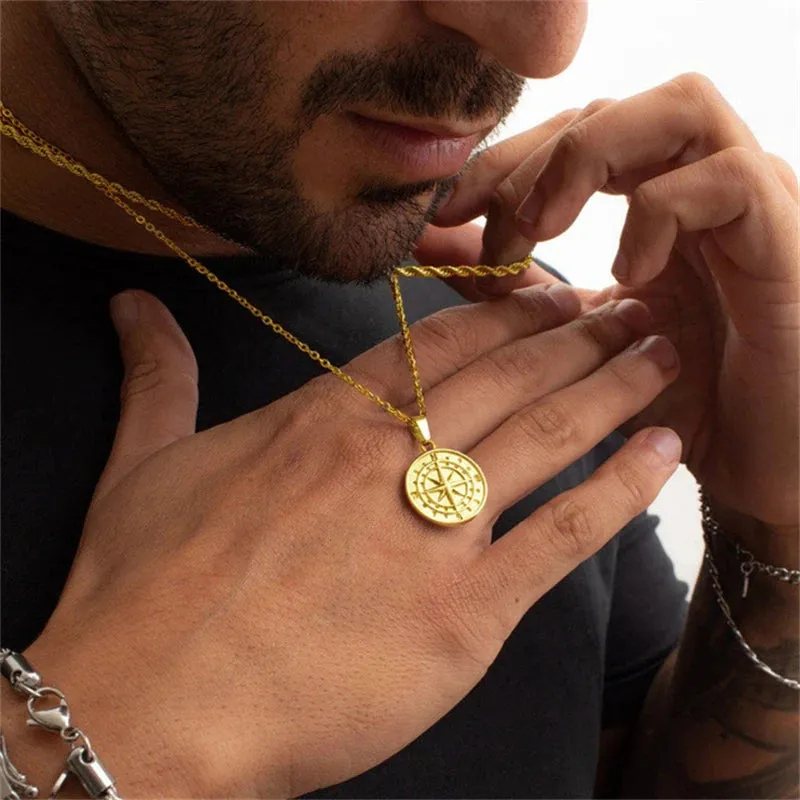 Men's Layered Alloy Necklace Navigation Travel Compass Pendant Cuba Figaro Wheat Chain Casual Vintage Necklace