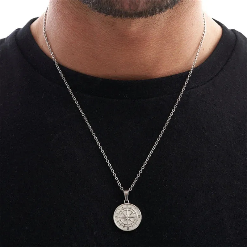 Men's Layered Alloy Necklace Navigation Travel Compass Pendant Cuba Figaro Wheat Chain Casual Vintage Necklace