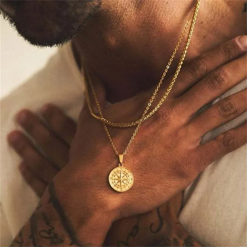 Men's Layered Alloy Necklace Navigation Travel Compass Pendant Cuba Figaro Wheat Chain Casual Vintage Necklace