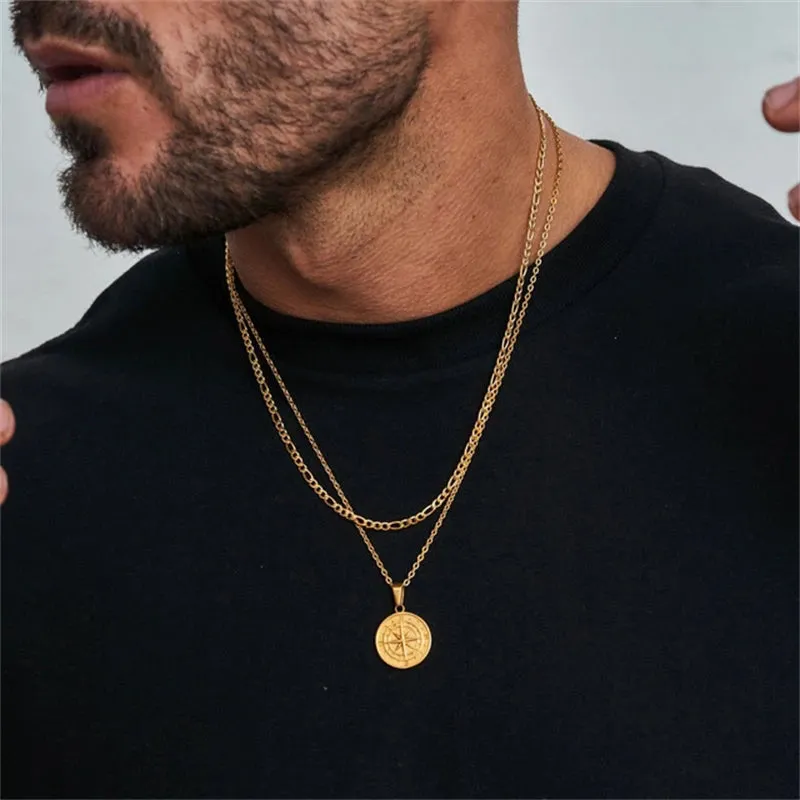 Men's Layered Alloy Necklace Navigation Travel Compass Pendant Cuba Figaro Wheat Chain Casual Vintage Necklace