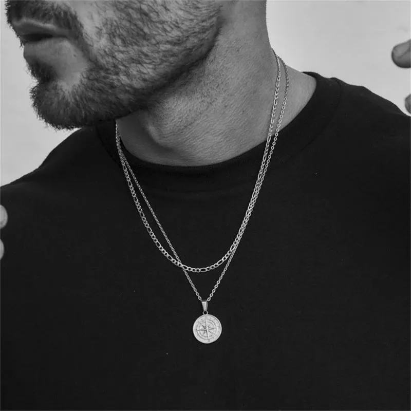 Men's Layered Alloy Necklace Navigation Travel Compass Pendant Cuba Figaro Wheat Chain Casual Vintage Necklace