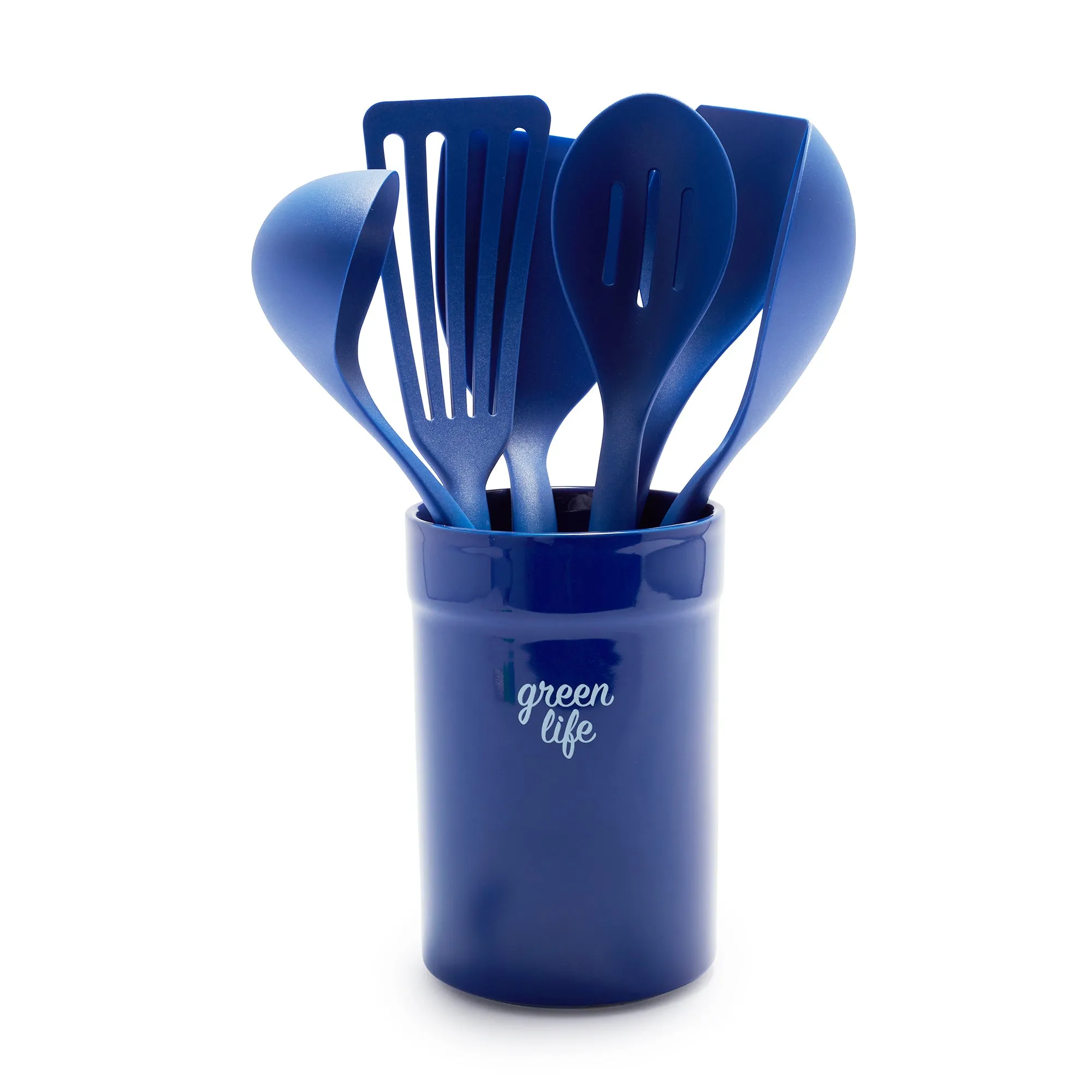 Nylon & Wood Cooking Utensils with Ceramic Crock, 7-Piece Set