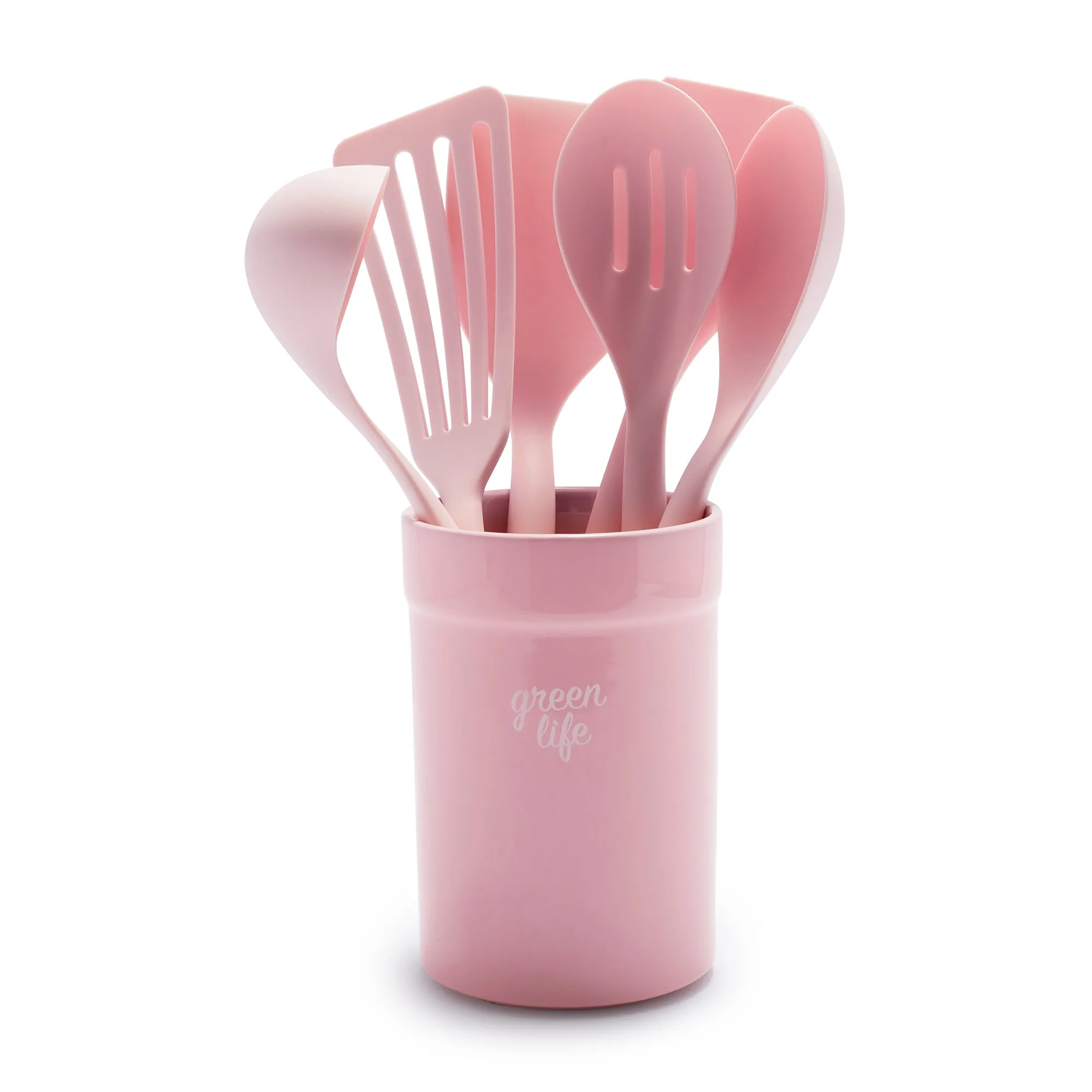 Nylon & Wood Cooking Utensils with Ceramic Crock, 7-Piece Set