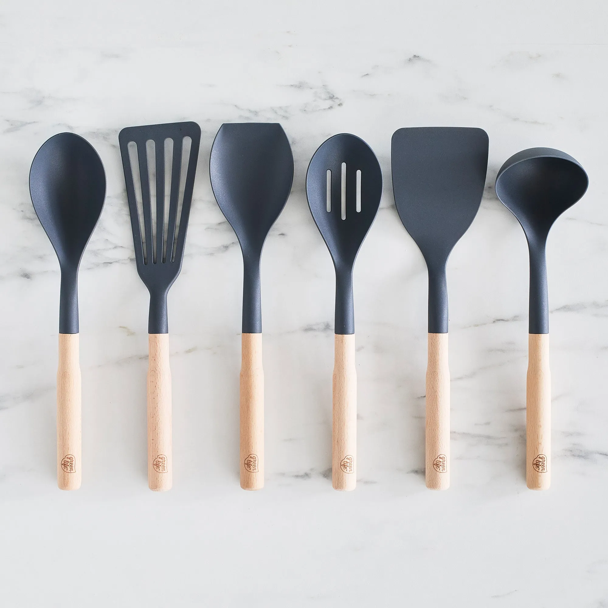 Nylon & Wood Cooking Utensils with Ceramic Crock, 7-Piece Set