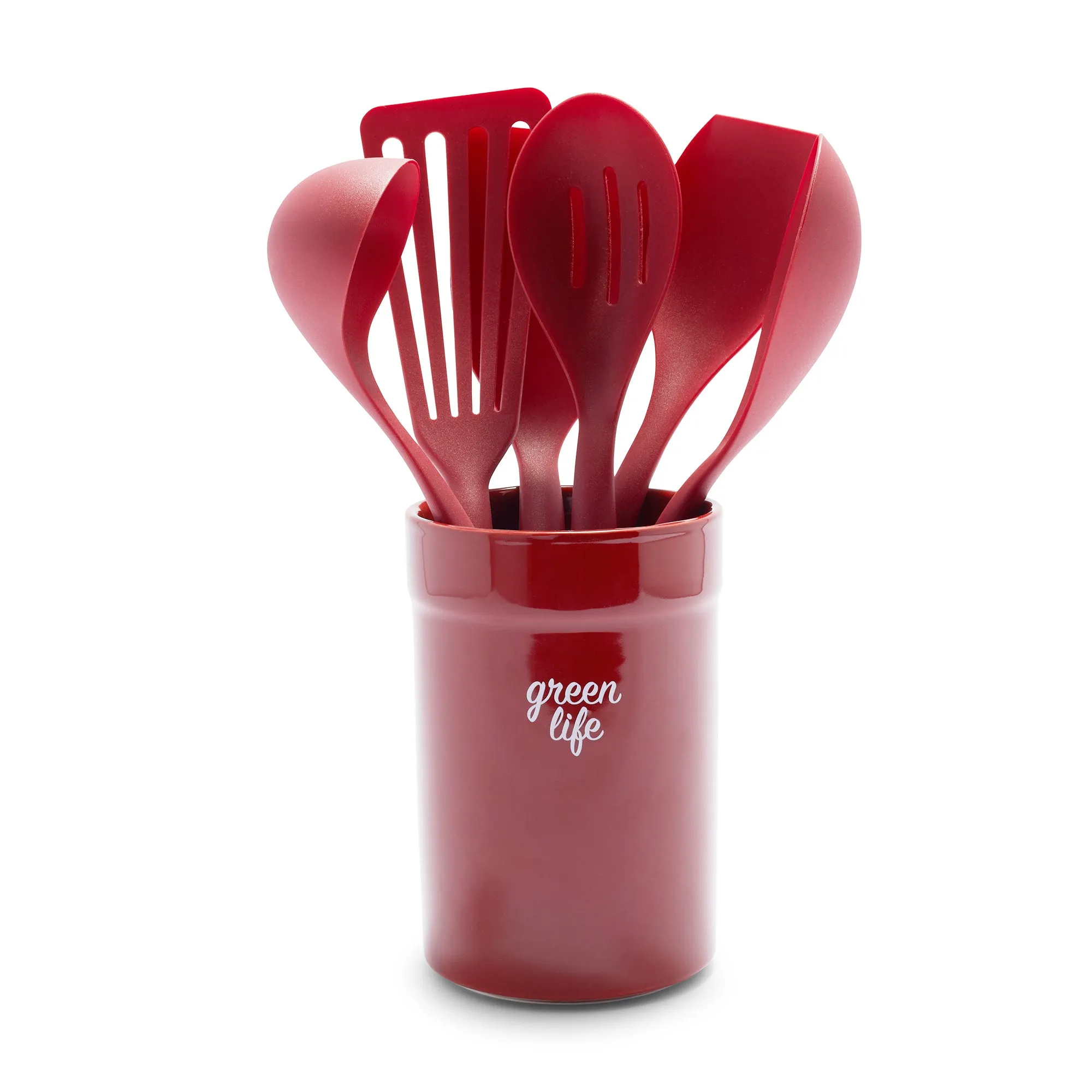 Nylon & Wood Cooking Utensils with Ceramic Crock, 7-Piece Set