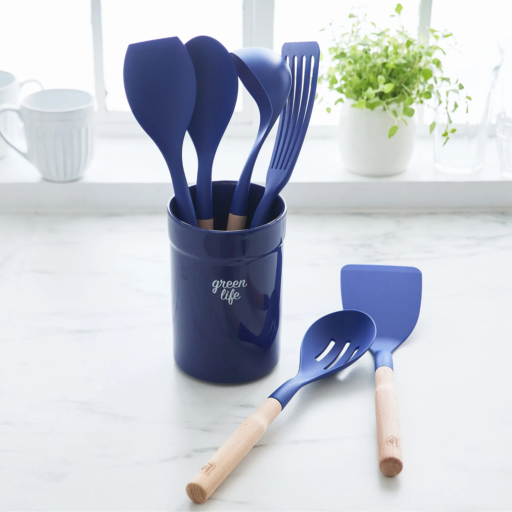 Nylon & Wood Cooking Utensils with Ceramic Crock, 7-Piece Set