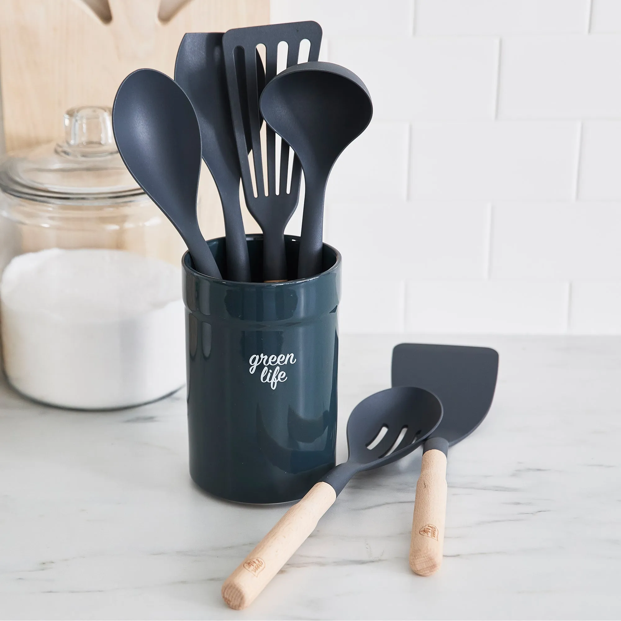 Nylon & Wood Cooking Utensils with Ceramic Crock, 7-Piece Set