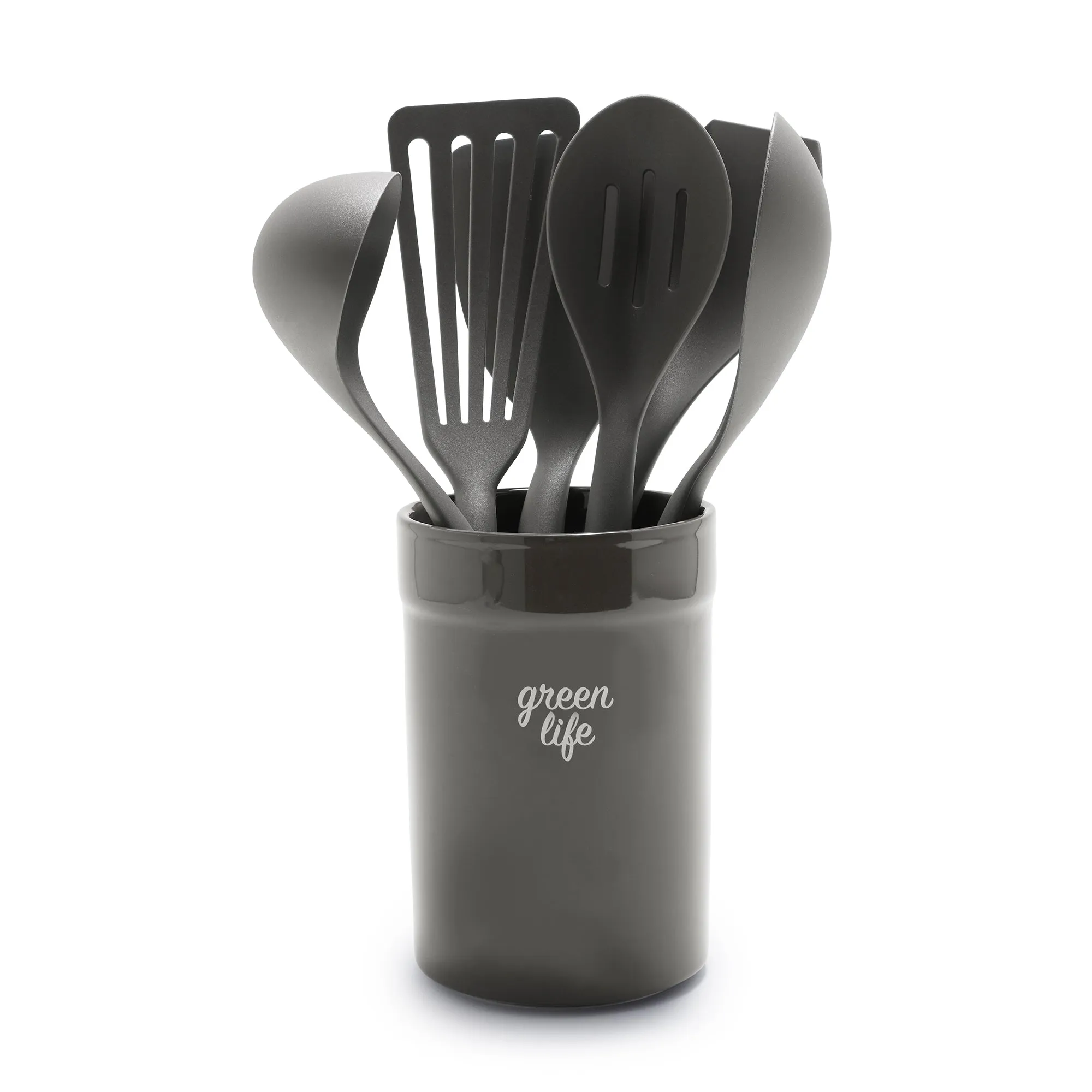 Nylon & Wood Cooking Utensils with Ceramic Crock, 7-Piece Set