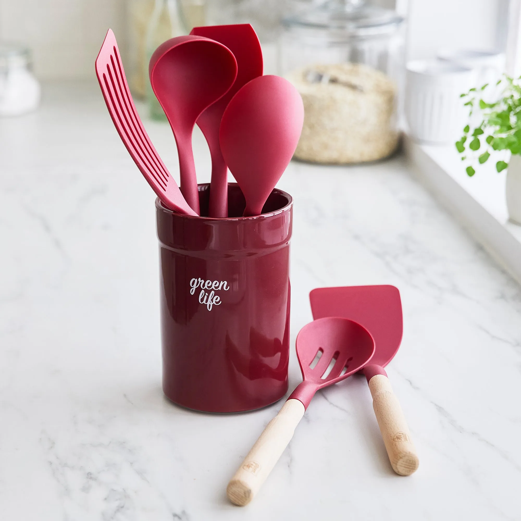 Nylon & Wood Cooking Utensils with Ceramic Crock, 7-Piece Set