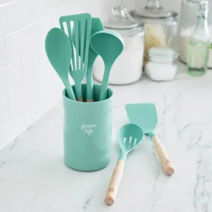 Nylon & Wood Cooking Utensils with Ceramic Crock, 7-Piece Set