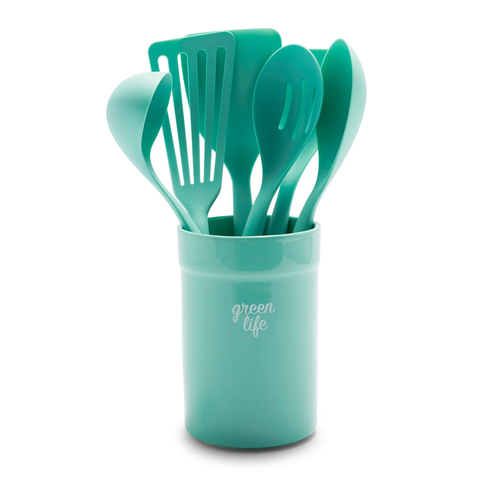 Nylon & Wood Cooking Utensils with Ceramic Crock, 7-Piece Set