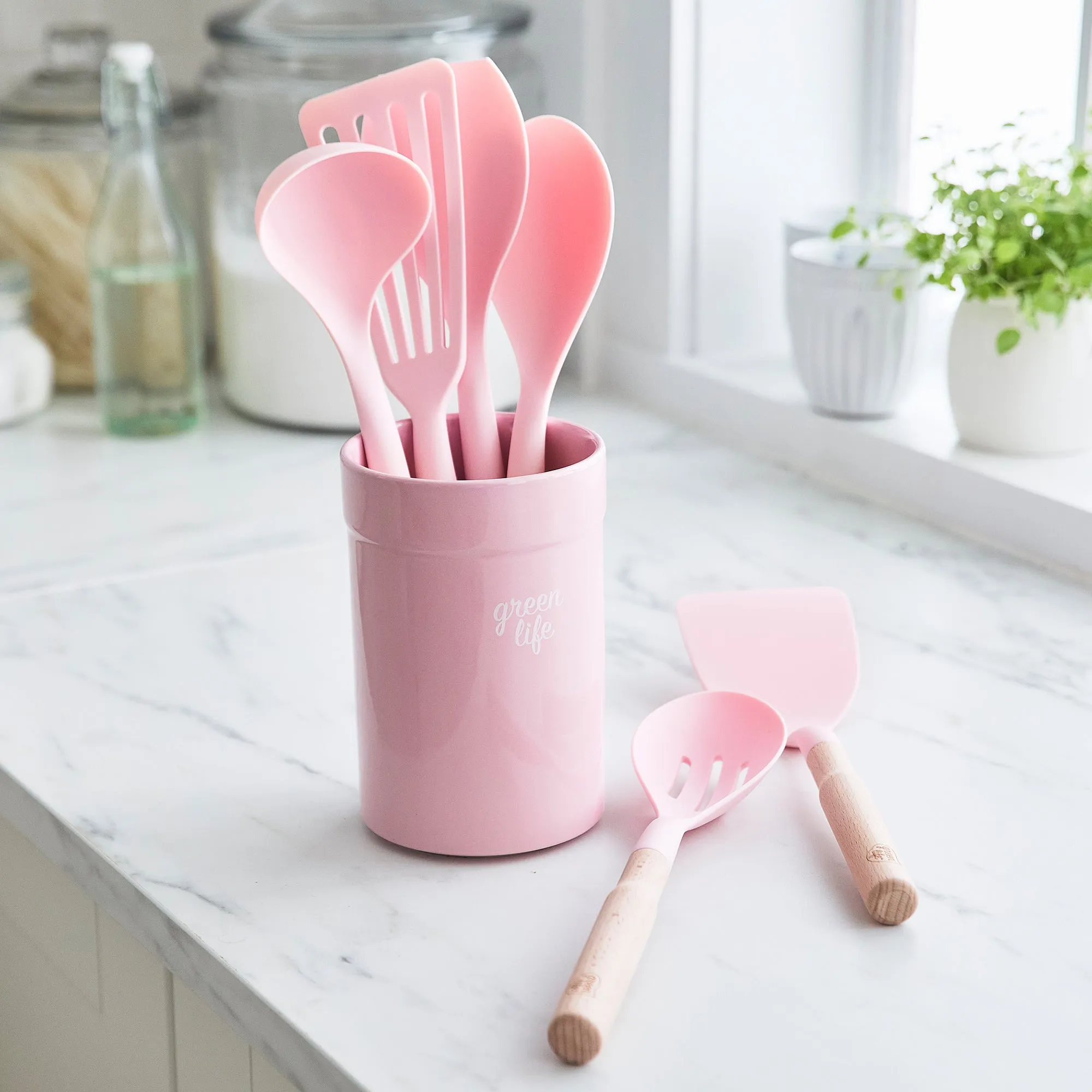 Nylon & Wood Cooking Utensils with Ceramic Crock, 7-Piece Set