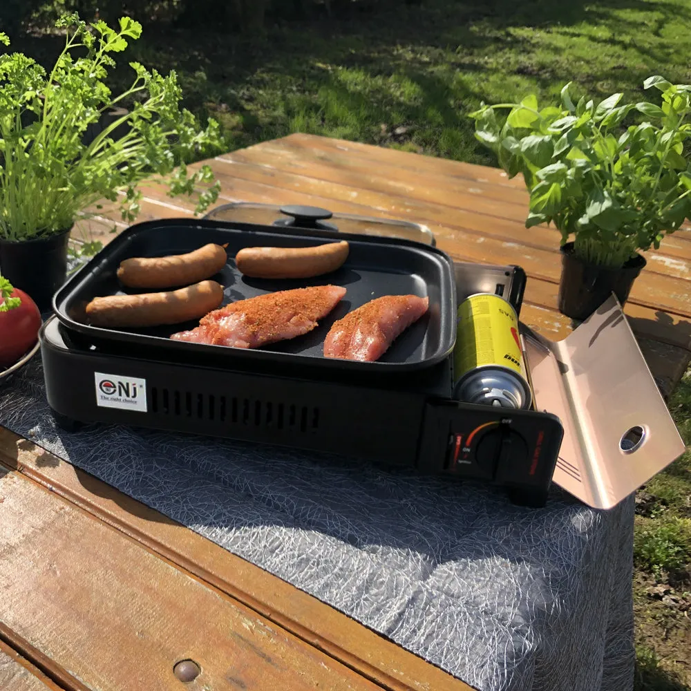 Portable Camping Gas Grill BBQ with Grill Pan Grill Plate and Lid Butane Outdoor Stove