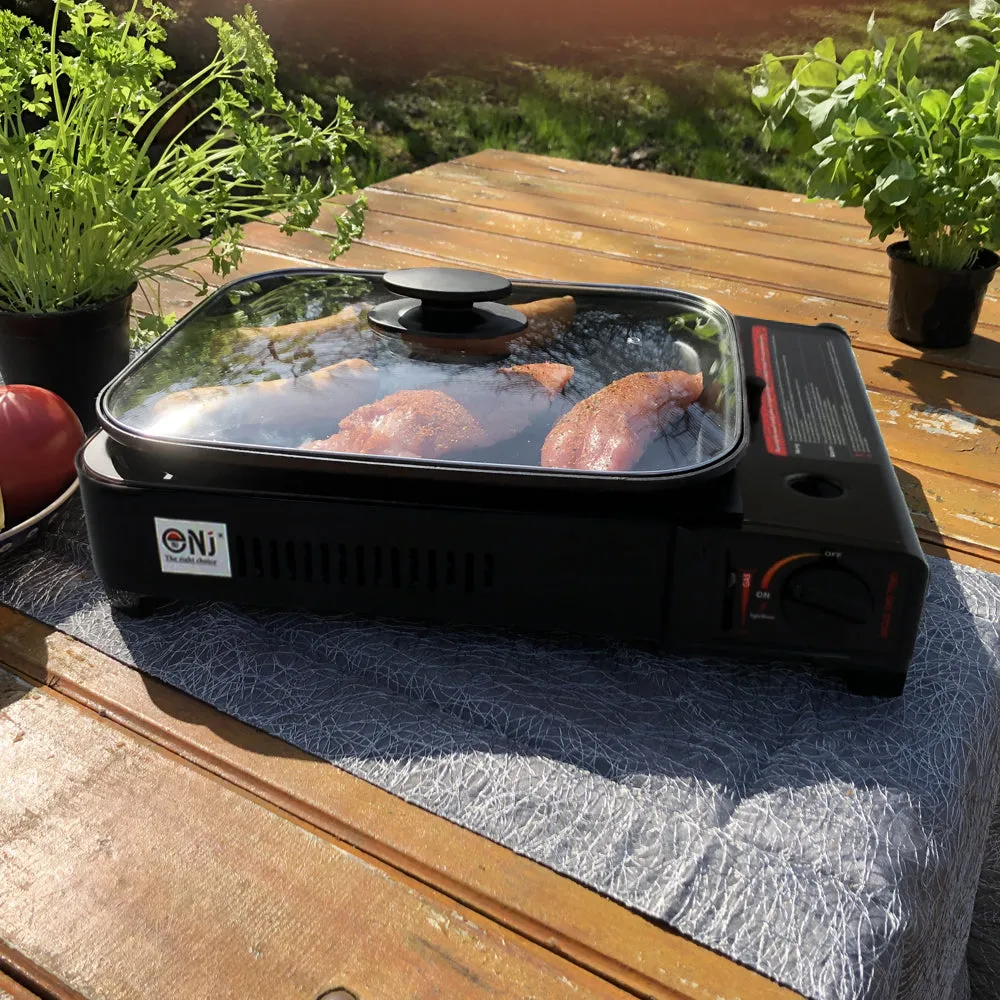 Portable Camping Gas Grill BBQ with Grill Pan Grill Plate and Lid Butane Outdoor Stove