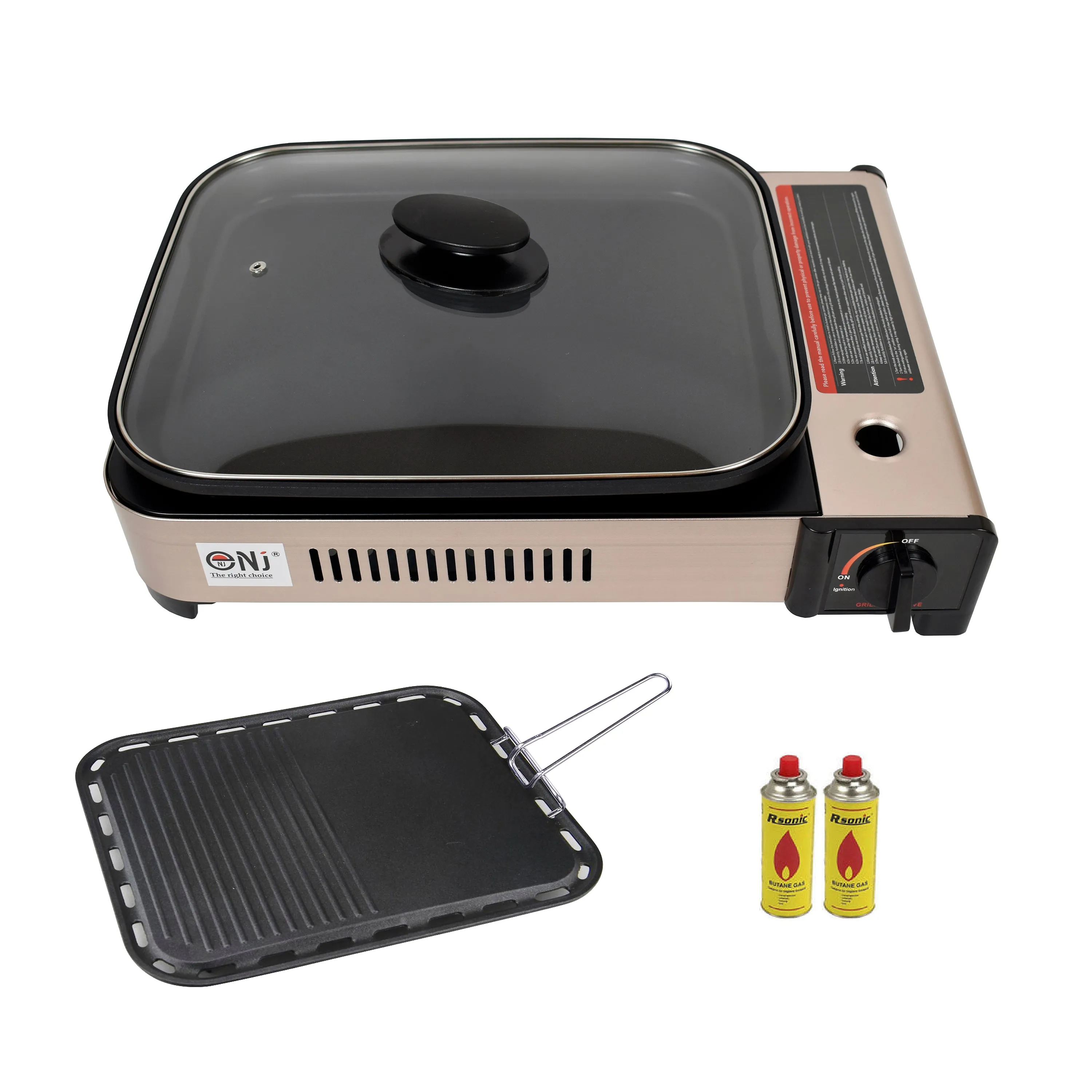 Portable Camping Gas Grill BBQ with Grill Pan Grill Plate and Lid Butane Outdoor Stove