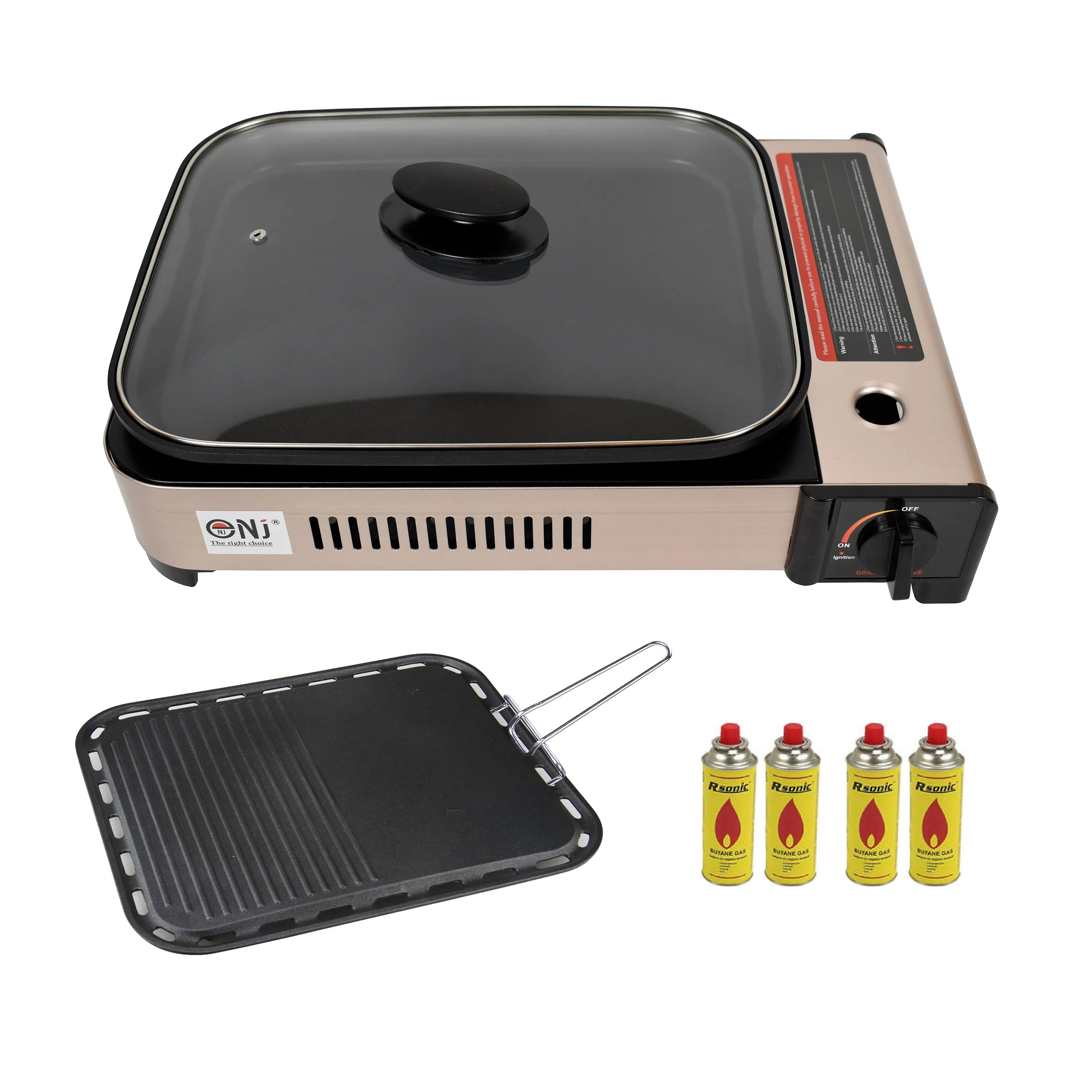 Portable Camping Gas Grill BBQ with Grill Pan Grill Plate and Lid Butane Outdoor Stove