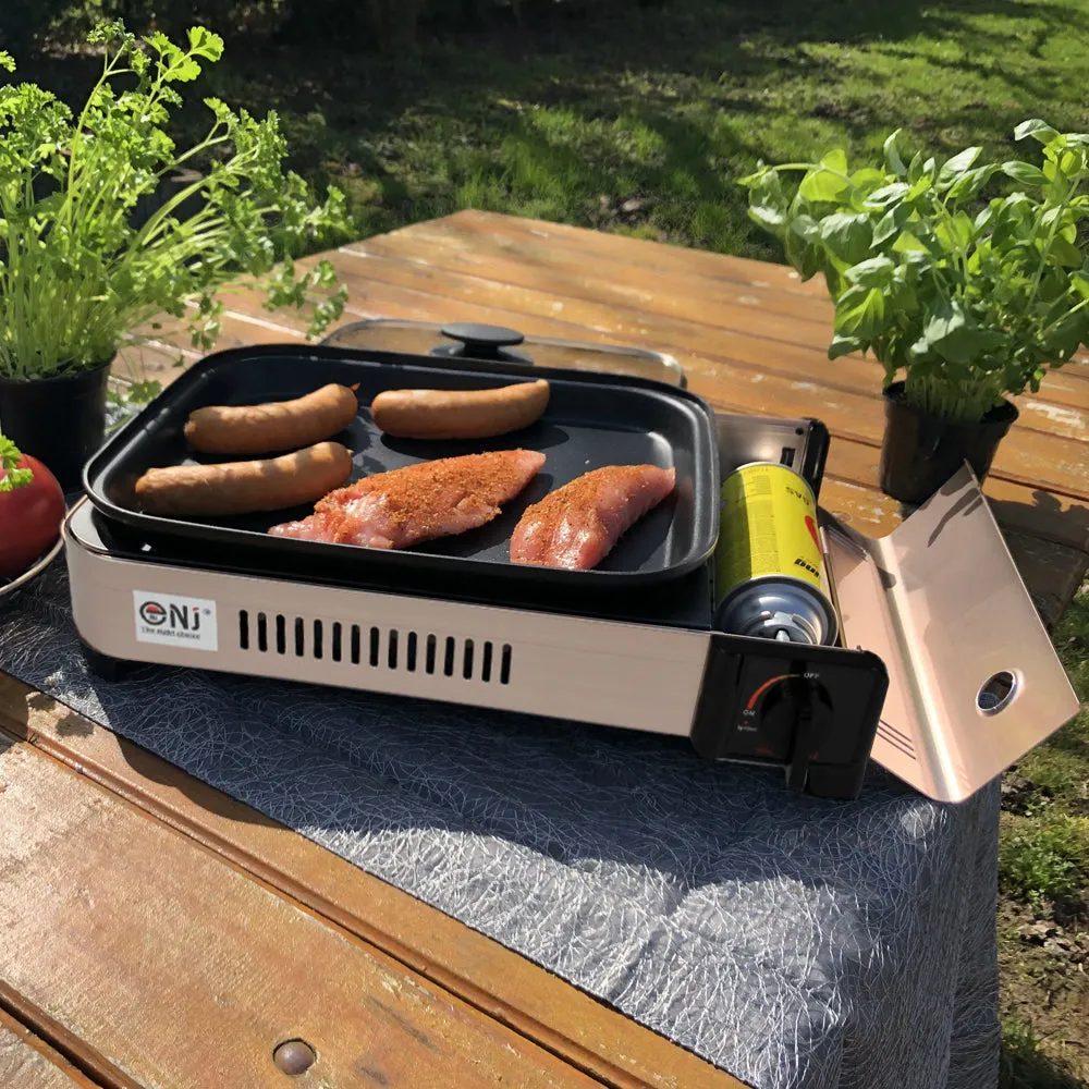 Portable Camping Gas Grill BBQ with Grill Pan Grill Plate and Lid Butane Outdoor Stove