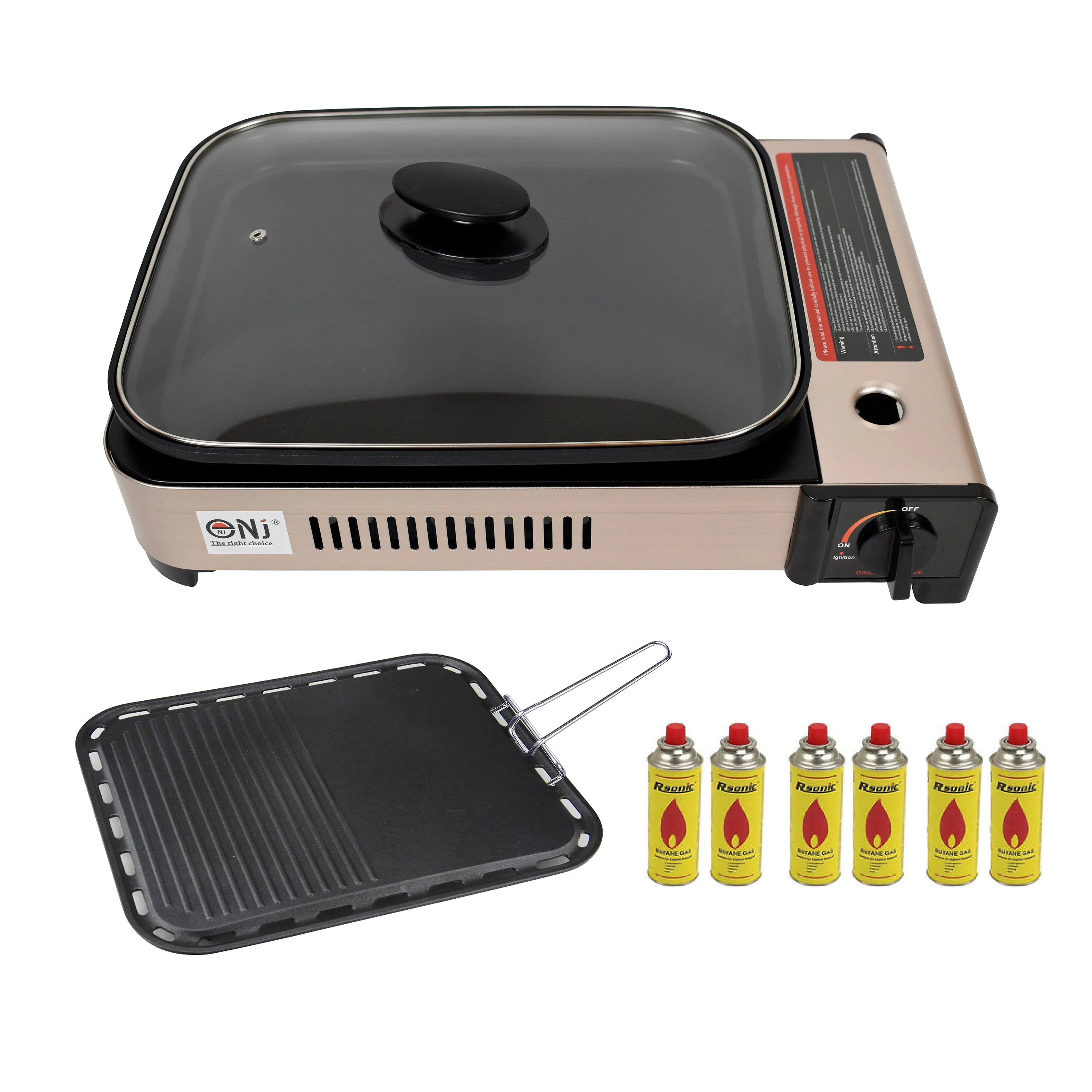 Portable Camping Gas Grill BBQ with Grill Pan Grill Plate and Lid Butane Outdoor Stove