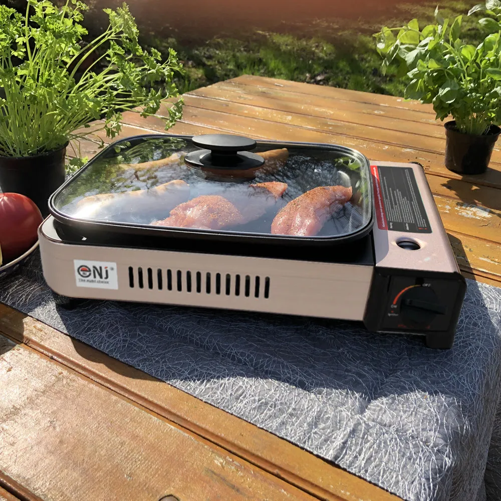 Portable Camping Gas Grill BBQ with Grill Pan Grill Plate and Lid Butane Outdoor Stove