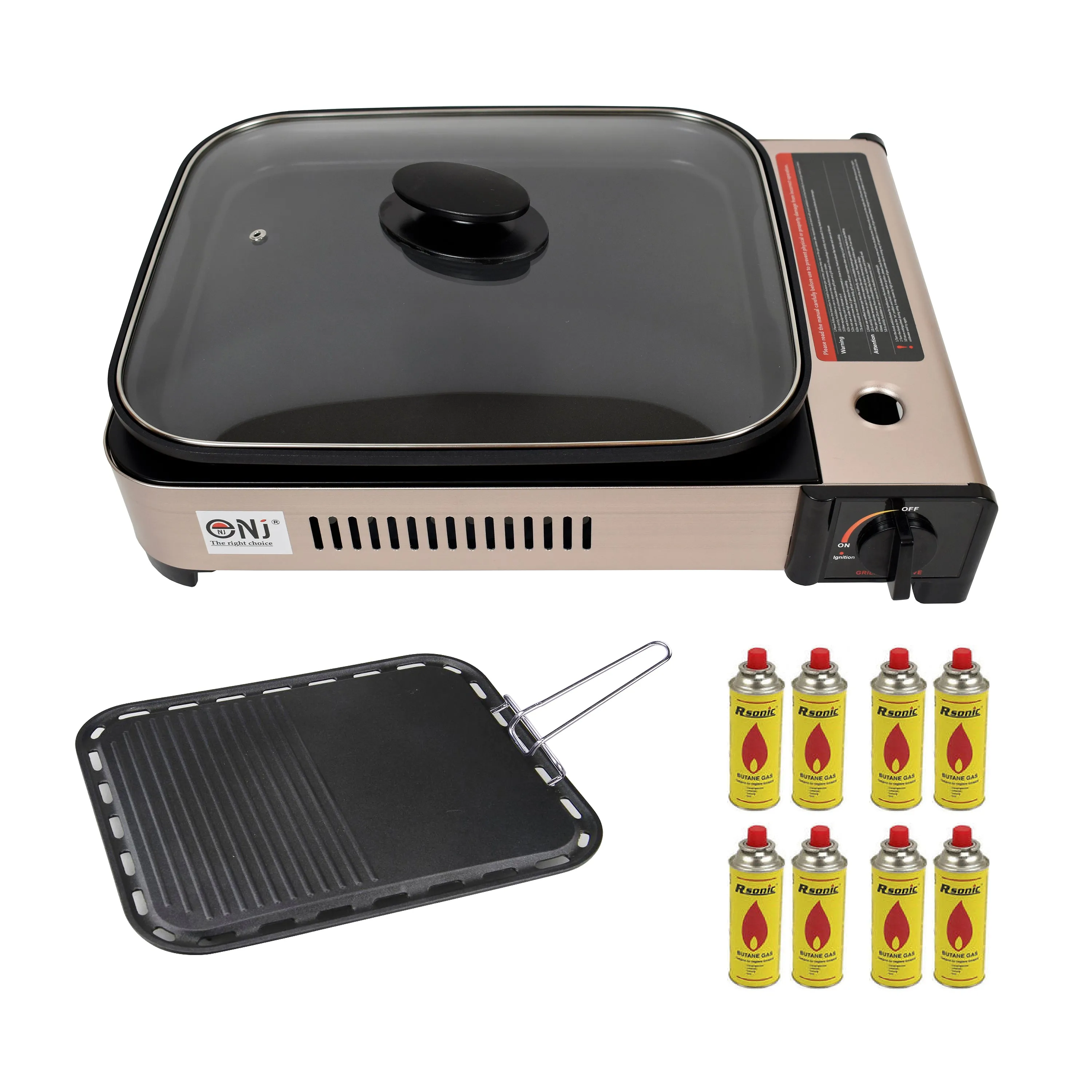 Portable Camping Gas Grill BBQ with Grill Pan Grill Plate and Lid Butane Outdoor Stove