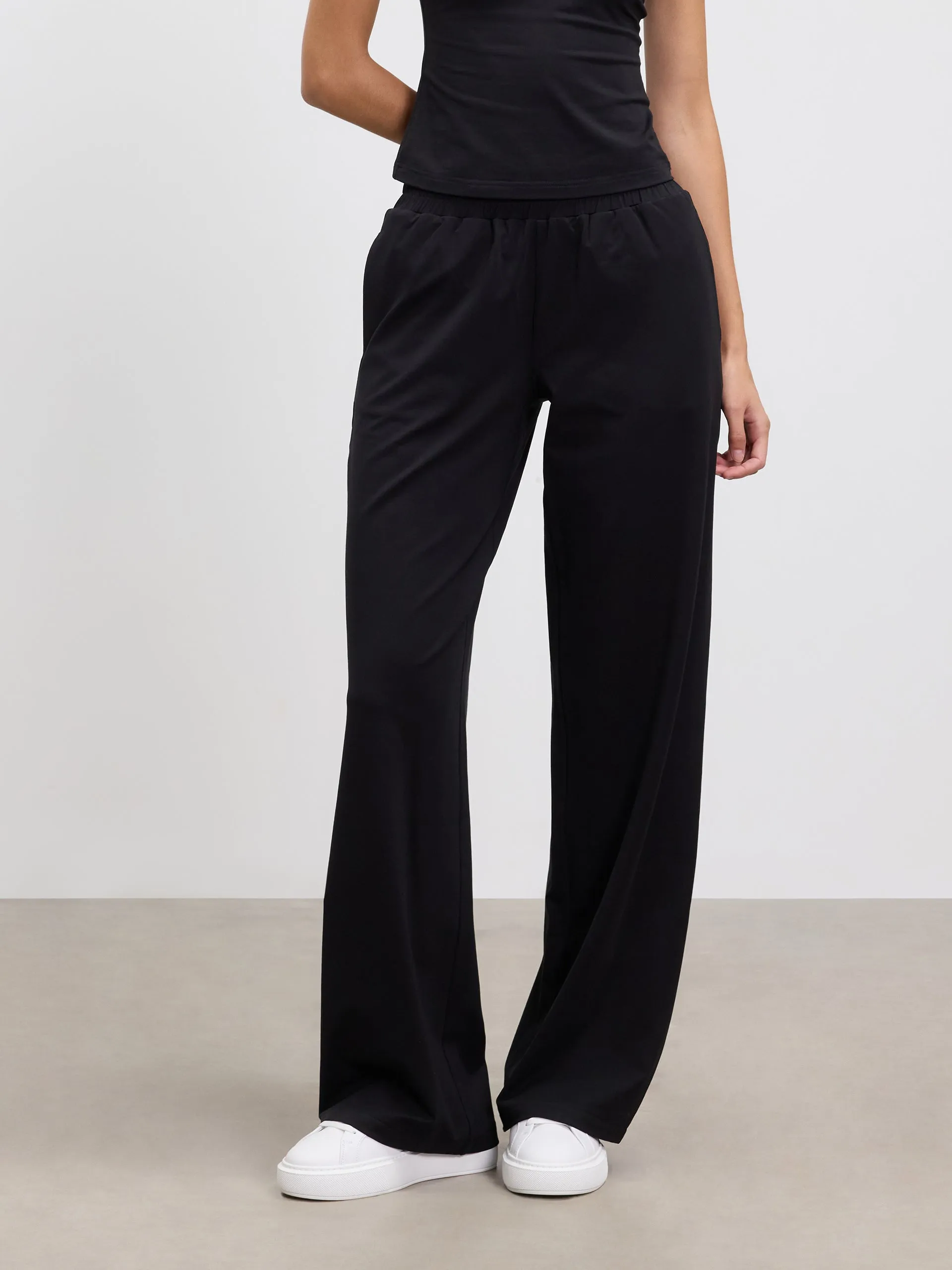 Womens Cotton Modal Wide Leg Pull On Trouser in Black