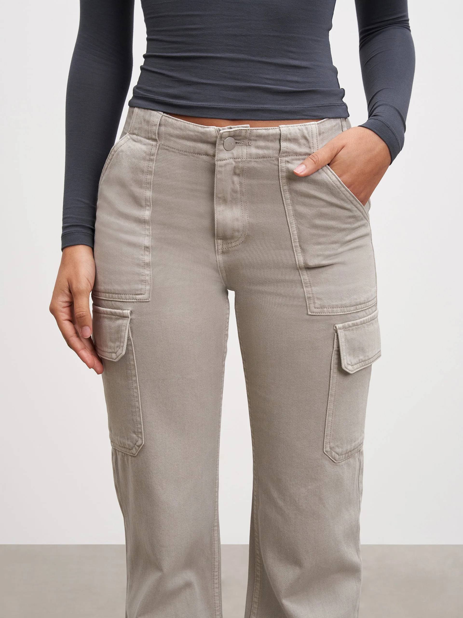 Womens Mid Rise Cargo Pant in Stone