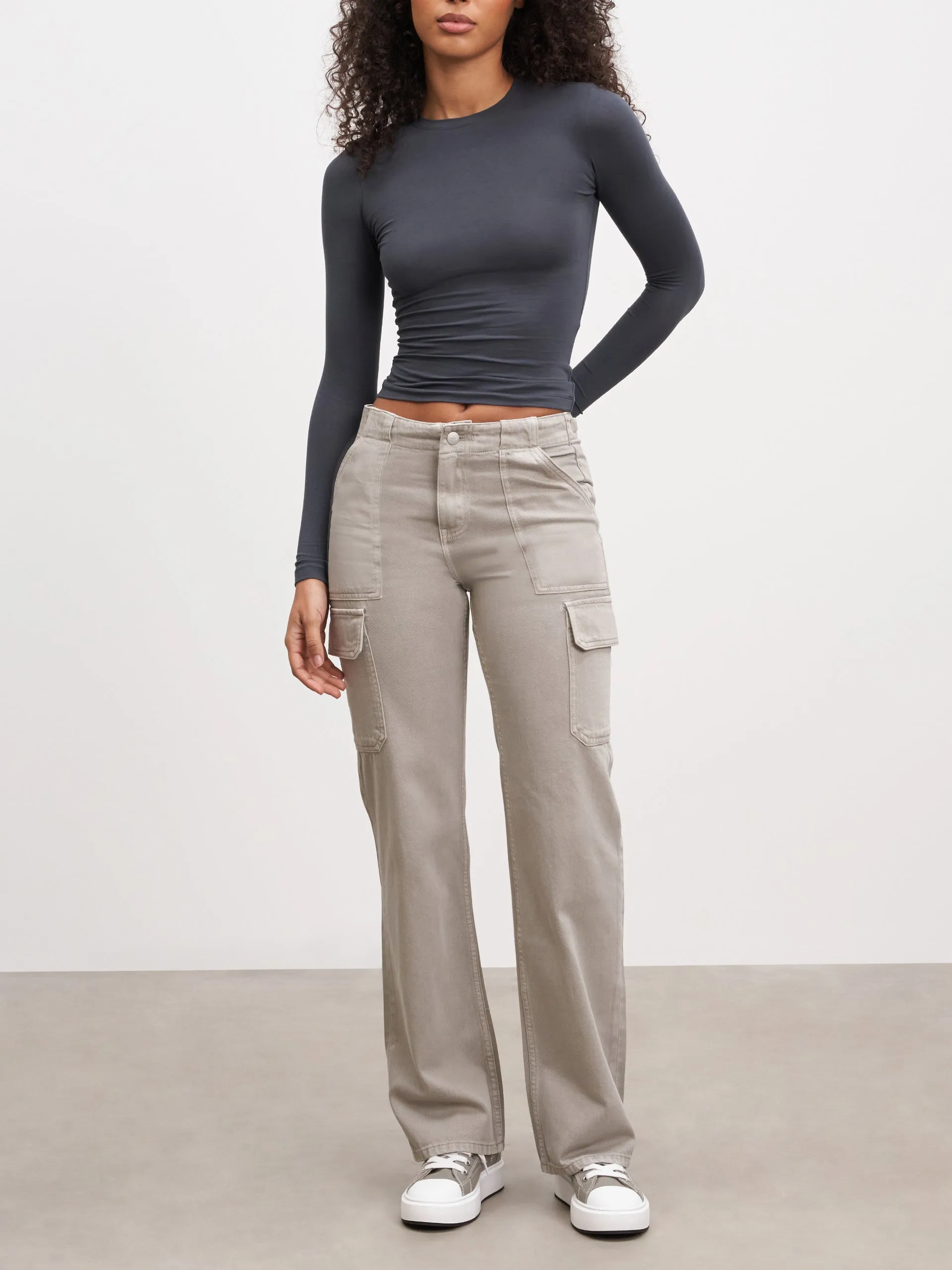 Womens Mid Rise Cargo Pant in Stone